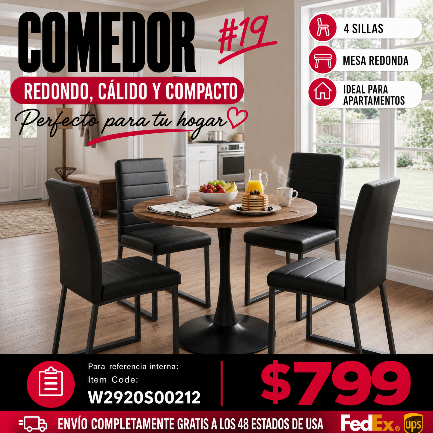 COMEDOR #19-31.5'' Round Dining Table and Chairs for 4, Space Saving Modern Casual Coffee Table Set for Apartment Kitchen Dining Room (Walnut Color Table+4 Black Chairs)