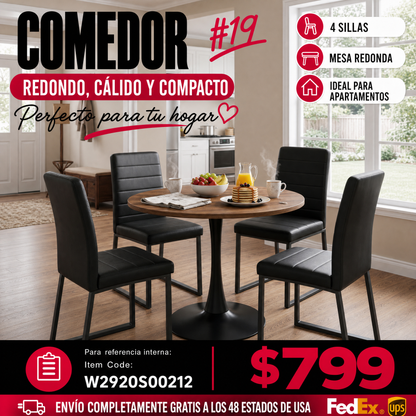 COMEDOR #19-31.5'' Round Dining Table and Chairs for 4, Space Saving Modern Casual Coffee Table Set for Apartment Kitchen Dining Room (Walnut Color Table+4 Black Chairs)