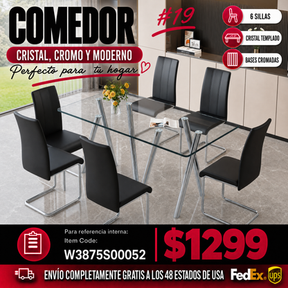 Comedor de Vidrio Templado 6 Puestos - Plateado y Sintético Negro 48 - 019