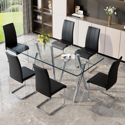 Comedor de Vidrio Templado 6 Puestos - Plateado y Sintético Negro 48 - 019