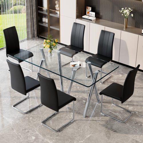Comedor de Vidrio Templado 6 Puestos - Plateado y Sintético Negro 48 - 019