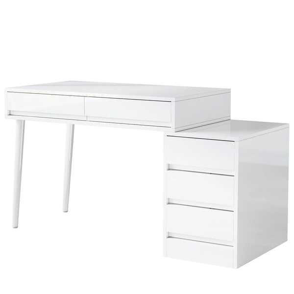 Glossy Desk With 5 Drawers & Printer Stand, Reversible Home Office Computer And Vanity Table For Small Spaces - White