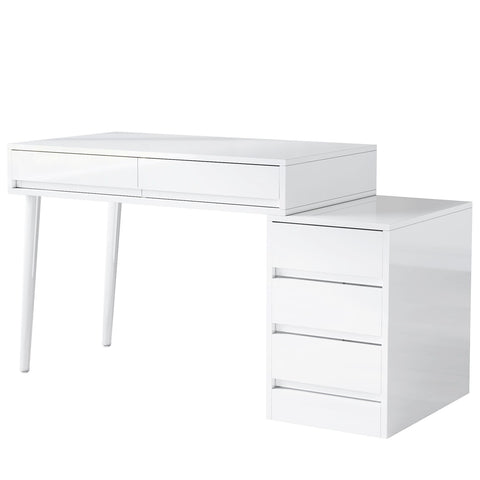 Glossy Desk With 5 Drawers & Printer Stand, Reversible Home Office Computer And Vanity Table For Small Spaces - White