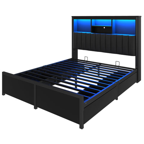 King Bed Frame With High Storage Headboard, Bed Frame With LED Light And Charging Station, 4 Storage Drawers - Black