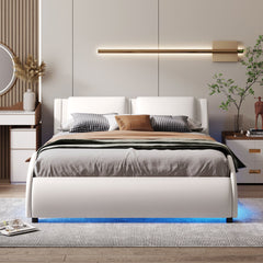 Upholstered Platform Bed With LED Light, Frame Slatted