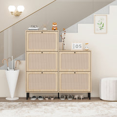 Modern Rattan 5 Door Shoe Storage Cabinet For Entryway Freestanding Design - Natural