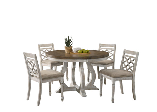 Havanna - 5 Piece Wide Round Dining Table With Off White Chairs (Set of 5) - Vintage Walnut