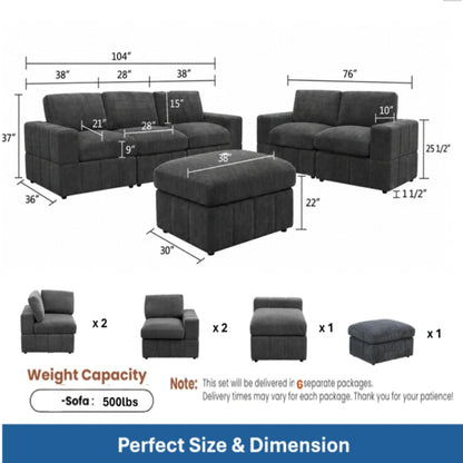 Oversized Modular Sectional Sofa Set With Loveseat & Ottoman, 6 Piece Living Room Furniture - Dark Gray