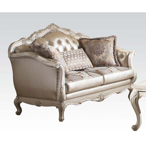 Chantelle - Loveseat With 3 Pillows - Rose Gold Synthetic Leather /Fabric & Pearl White
