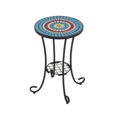 Ceramic Tile And Iron Patio Side Table With Shelf