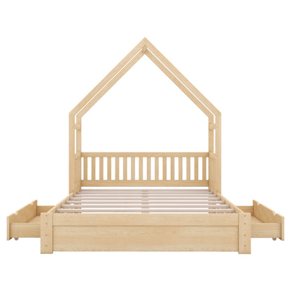 House Style Platform Bed With Guardrail And 2 Drawers