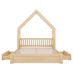 House Style Platform Bed With Guardrail And 2 Drawers