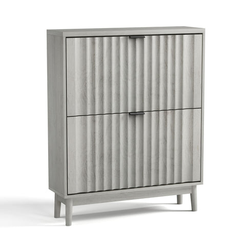 Shoe Cabinet With 2 Flip Drawers, Fluted Shoe Storage Cabinet For Entryway, Free Standing Shoe Storage Organizer With Wave Doors For Heels, Boots, Slippers In Hallway, Living Room - Gray