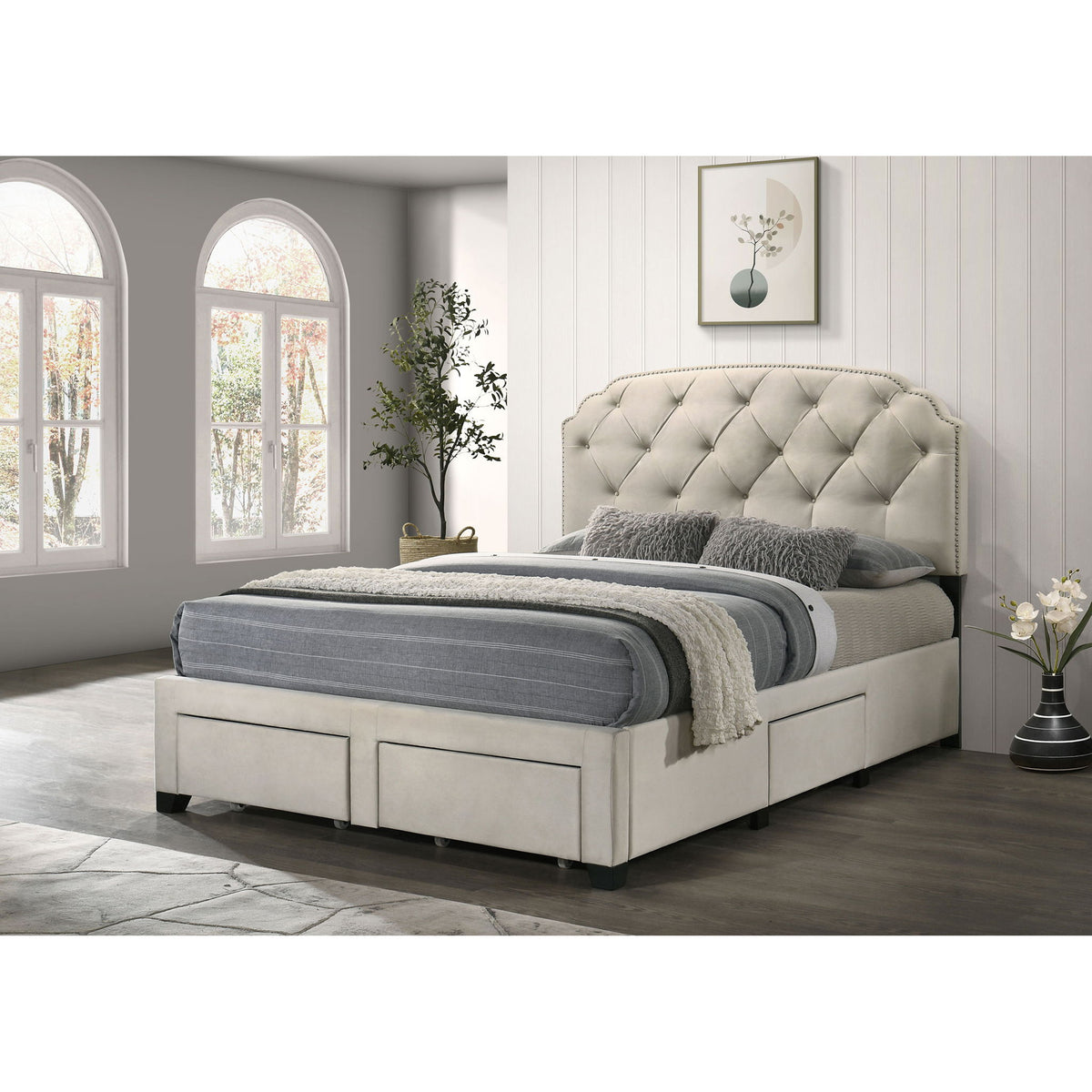 4 Drawer Upholstered Storage Bed With Button Tufting