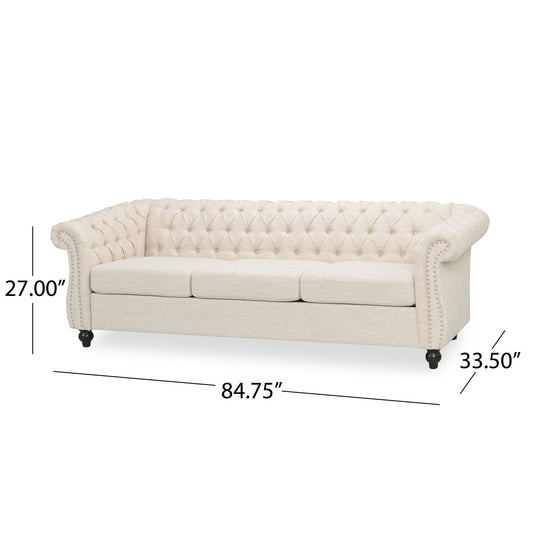 Chesterfield Style 3 Seater Sofa With Deep Button Tufting - Beige