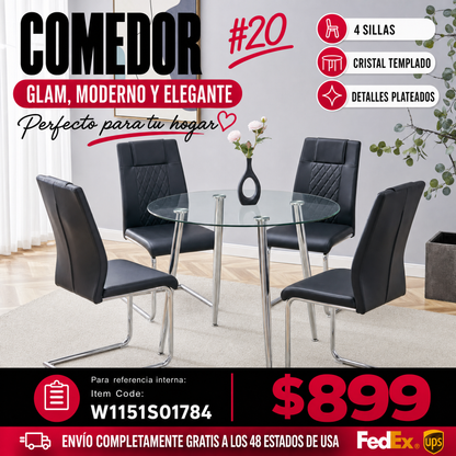 COMEDOR #20 A modern minimalist round transparent tempered glass table with silver metal legs and 4 black modern PU leather high-backed dining chairs for a luxurious experience.