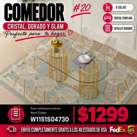 Comedor Ovalado de Vidrio Templado 6 Puestos - Dorado y Transparente 48 - 020