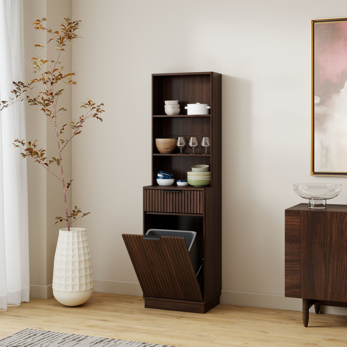 Tall Narrow Fluted Storage Cabinet With Trash Bin Compartment For Kitchen (Trash Can Not Included)