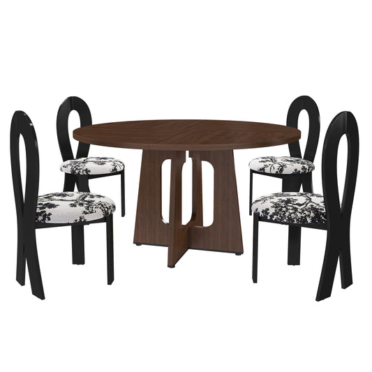 Round Dining Table For 4 With 4 Upholstered Chairs - Walnut / Black