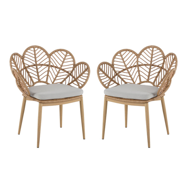 Kirk - Outdoor Wicker Peacock Shape Papasan Style Chair, Teak Finished Leg (Set of 2) - Beige / Light Brown / Light Teak
