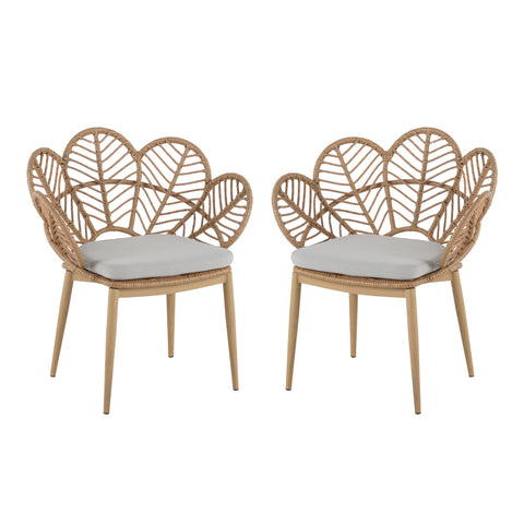 Kirk - Outdoor Wicker Peacock Shape Papasan Style Chair, Teak Finished Leg (Set of 2) - Beige / Light Brown / Light Teak