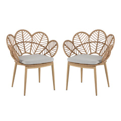 Kirk - Outdoor Wicker Peacock Shape Papasan Style Chair, Teak Finished Leg (Set of 2) - Beige / Light Brown / Light Teak