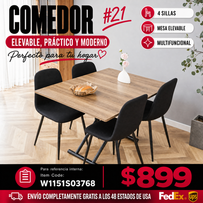 COMEDOR #21 Table and chair set.Modern Multifunctional Lifting Platform,Natural Wood Grain Sticker MDF Desktop, Black Metal Legs.Paired with 4 Black Linen-Cotton Material High Resilience Dining Chair.