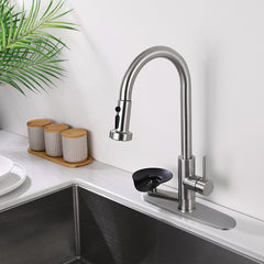 3 In 1 Kitchen Faucet With Press Type Glass Rinser, High Arc Pull Down Sprayer