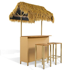Hawaiian-Style Bar Height Patio Set With PE Grass Canopy, Outdoor Bar Table And Stools With Adjustable Feet, Acacia Wood Top, For Dining And Drinking - Natural
