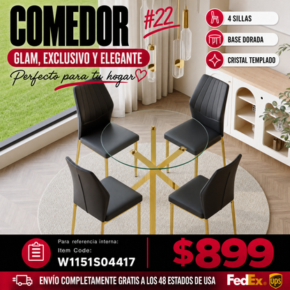 COMEDOR #22 Table and chair set.Modern glass round table: 39 inch diameter, X-shaped golden metal bracket. Paired with 4 Black Chairs, 37 inches High: Ergonomic PU Backrest .Suitable for restaurants, kitchens.