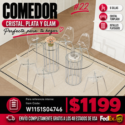 Comedor Ovalado de Vidrio Templado 6 Puestos - Plateado y Transparente 48 - 022