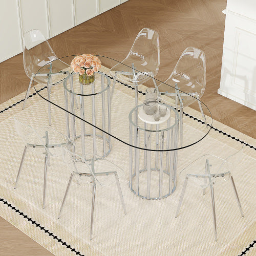 Comedor Ovalado de Vidrio Templado 6 Puestos - Plateado y Transparente 48 - 022