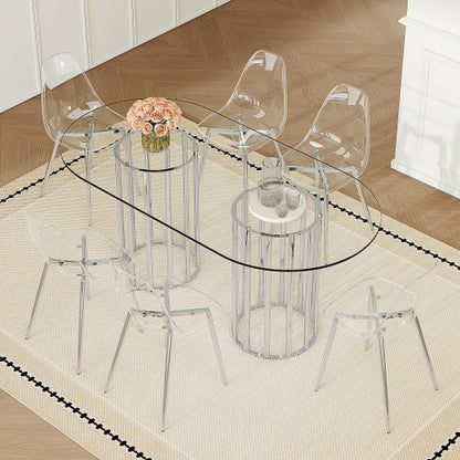 Comedor Ovalado de Vidrio Templado 6 Puestos - Plateado y Transparente 48 - 022