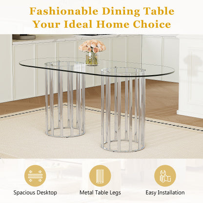 Comedor Ovalado de Vidrio Templado 6 Puestos - Plateado y Transparente 48 - 022