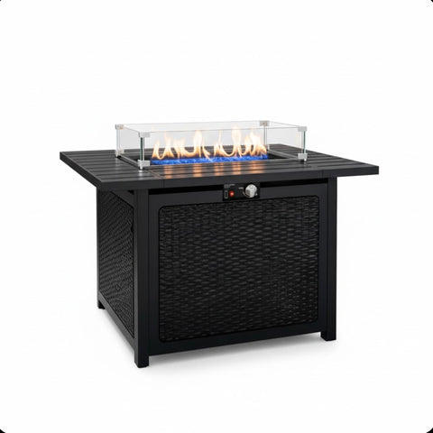 Outdoor 2 In 1 Propane Fire Pit Table With Lid & Glass Shield, Rectangular Fire Table, Lava Rock & Cover - Black