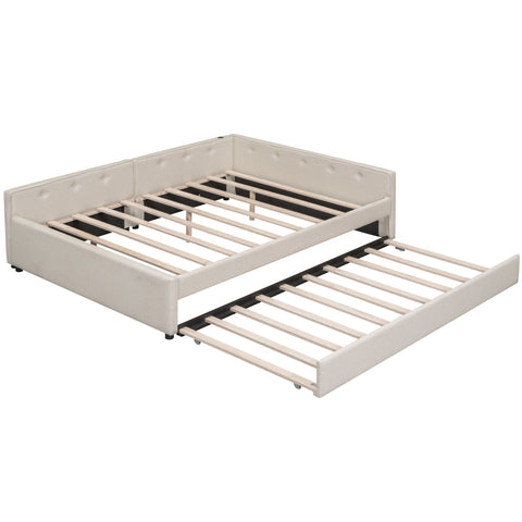 Queen Size Upholstered Platform Bed With USB And Twin Trundle - Beige