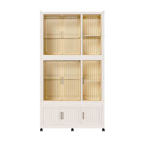 Portable Wardrobe Closet Storage Organizer For Clothes, 9 Magnetic Doors With 9 Cubes & 2 Hanging Rods, 6 Hangers - Cream White