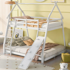 Twin Over Queen House Bunk Bed With Climbing Nets And Ramp - White