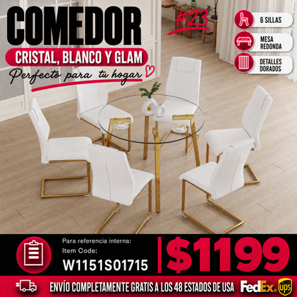 Comedor Redondo de Cristal 6 Puestos - Blanco y Dorado 48 - 023