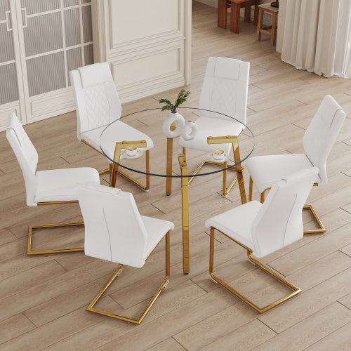 Comedor Redondo de Cristal 6 Puestos - Blanco y Dorado 48 - 023