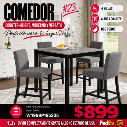 COMEDOR #23 5-Piece Counter Height Table Set with 4 Chairs, Counter Height Table Set for 4 with Chairs, Wooden Counter Height Table Set for Kitchen, Dining Room, Light Grey & Black Two Tone