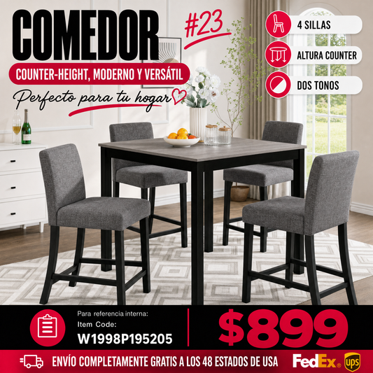 COMEDOR #23 5-Piece Counter Height Table Set with 4 Chairs, Counter Height Table Set for 4 with Chairs, Wooden Counter Height Table Set for Kitchen, Dining Room, Light Grey & Black Two Tone