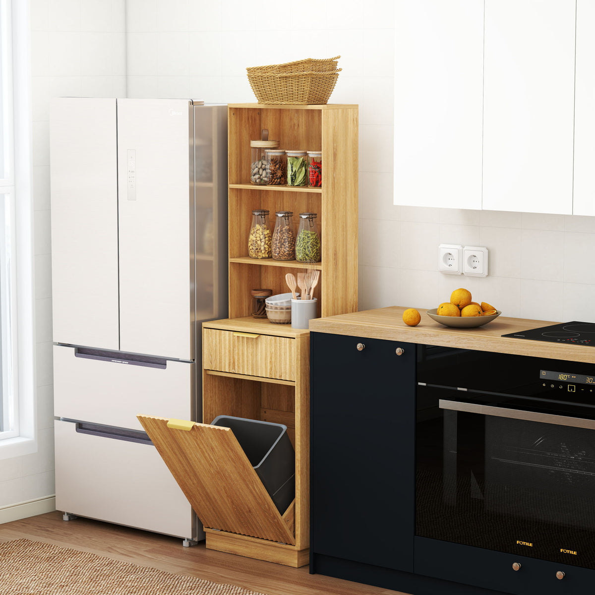 Tall Narrow Fluted Storage Cabinet With Trash Bin Compartment For Kitchen (Trash Can Not Included)