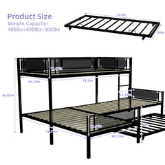 L Shape Metal Triple Bunk Bed With Trundle For 4 Kids, Heavy Duty Metal & Wood Construction - Black