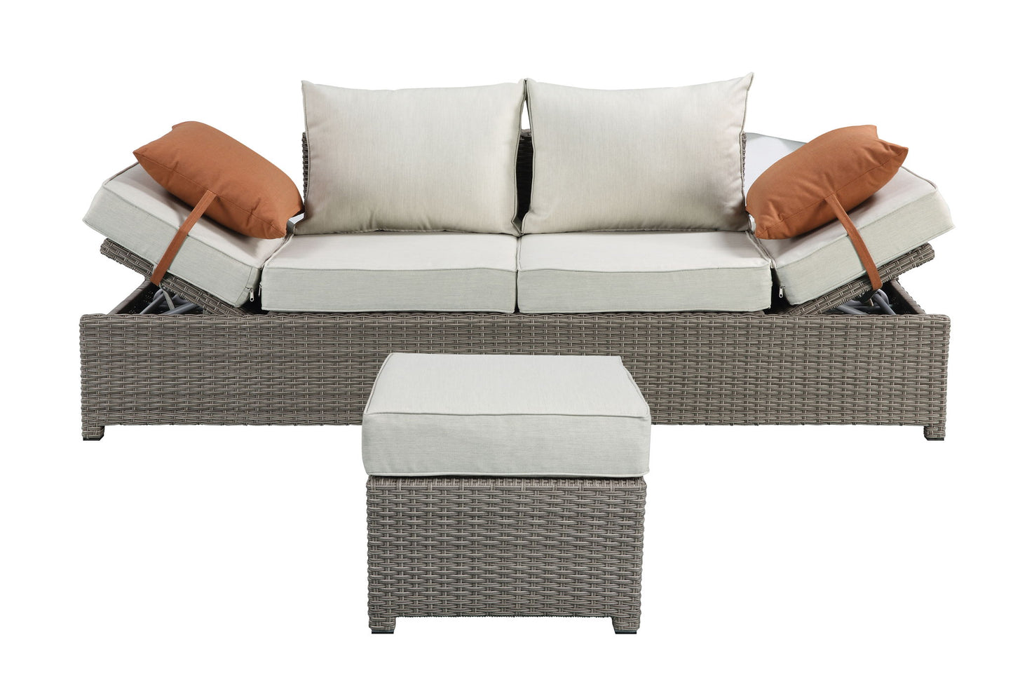 Salena - All Weather Wicker Patio Sofa & Ottoman With 2 Toss Pillows - Beige / Gray