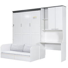 Multi Functional Murphy Bed With Sofa, Desk, And Storage Cabinet, Queen Size - White
