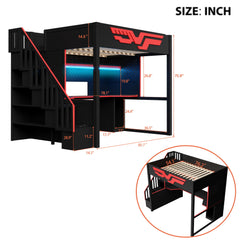 Full Gaming Loft Bed With Desk And Storage Staircase, LED Lights And USB - Red / Black