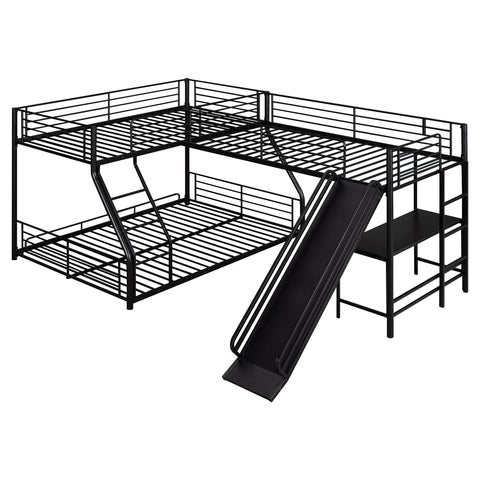 L-Shaped Twin Over Full Bunk Bed With Twin Loft, Built In Desk And Slide - Black