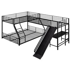 L-Shaped Twin Over Full Bunk Bed With Twin Loft, Built In Desk And Slide - Black