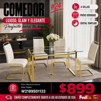 COMEDOR #24 51 inch Glass Dining Table Set for 4, Dining Table & Chair Sets with Golden Plating Legs for Kitchen, Modern Rectangle Tempered Glass Table Top and PU Dining armless Chair for Dining Room